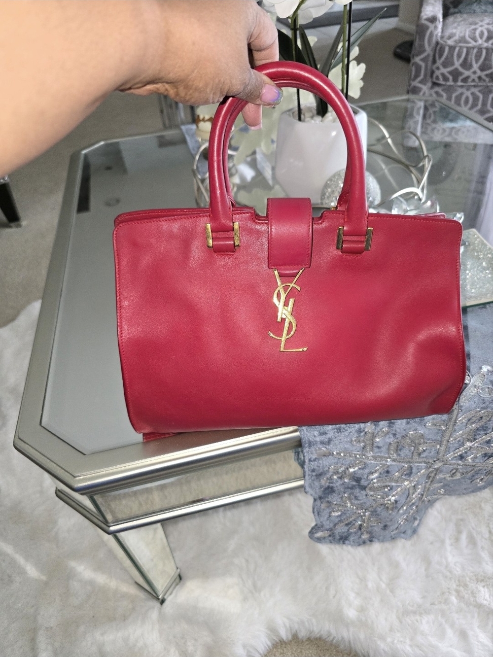 Saint Laurent Pink-Red Leather Top-Handle Satchel with Gold YSL Logo